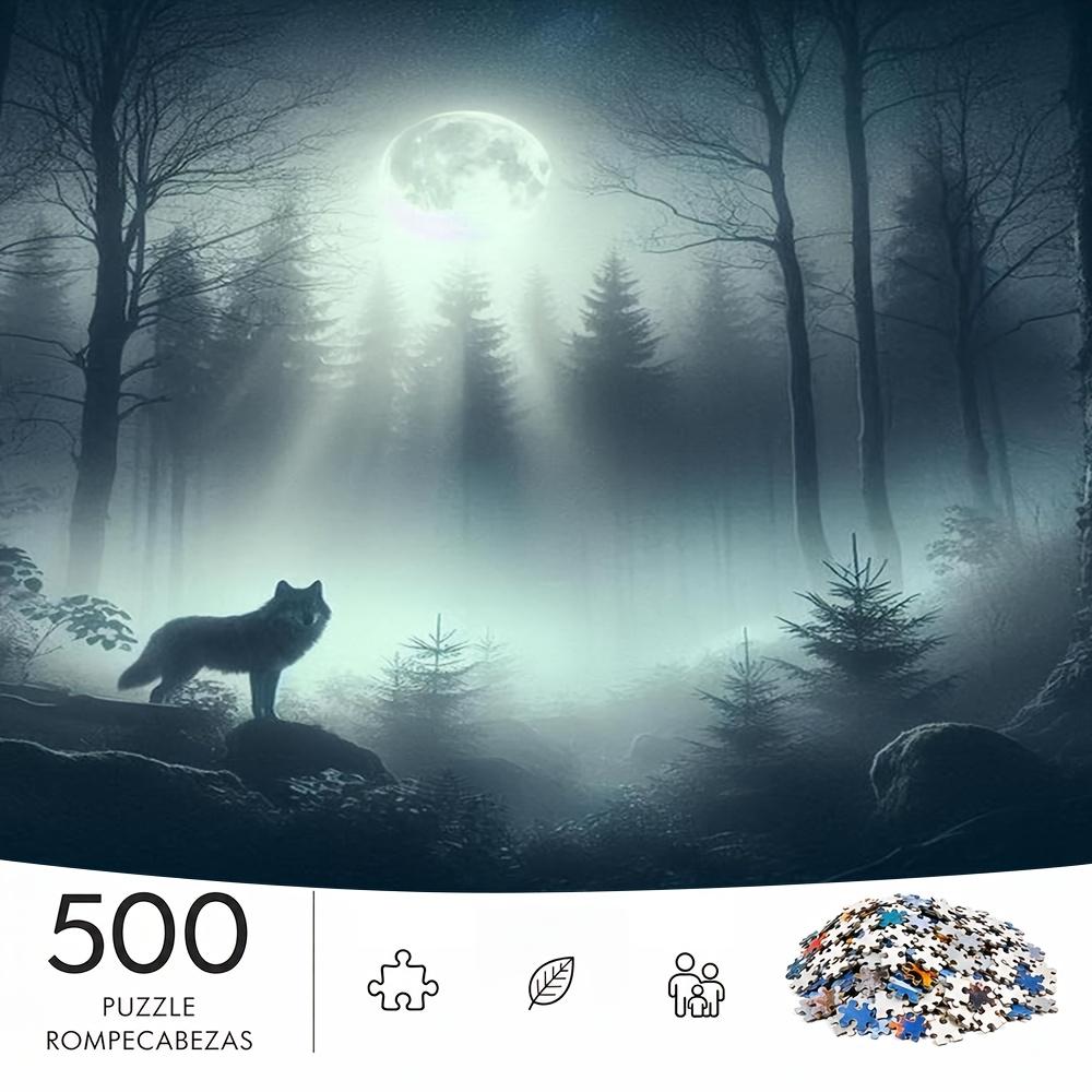 500pcs -Themed Suitable for & Families - Lone Wolf Gazing at Moon Misty Forest Jigsaw Puzzle, Portable Rectangular Brain for Decor, Wedding Gifts, Chr
