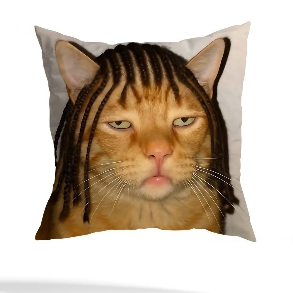 DoubleSided Funny Cat Meme Plush Pillow Case Square Cushion Cover for Living Room Sofa Bedroom and Bedside Decor