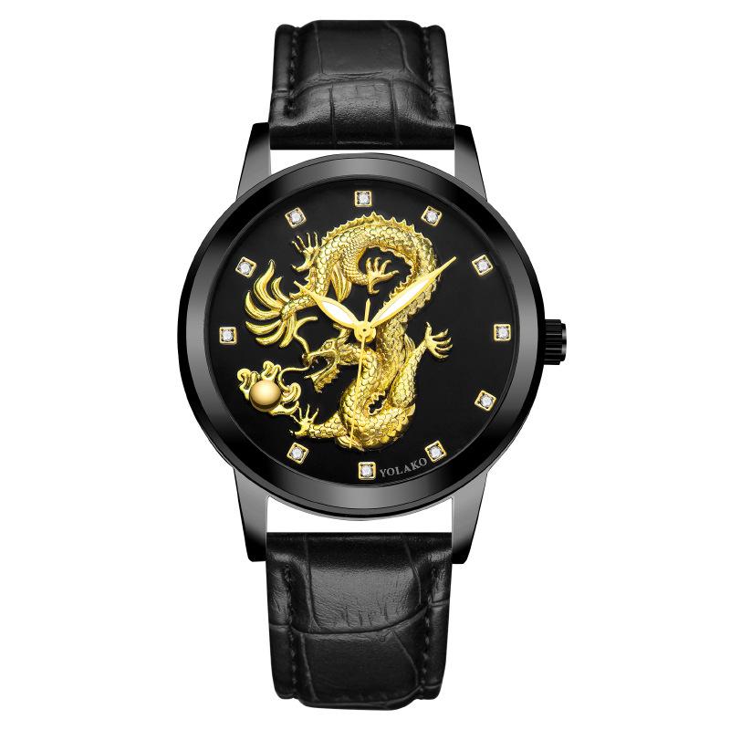 Chinese Style Fashion Diamond-encrusted Waterproof Gold Dragon Pattern Men's Watch Men's Watch Belt Watch Quartz Watch