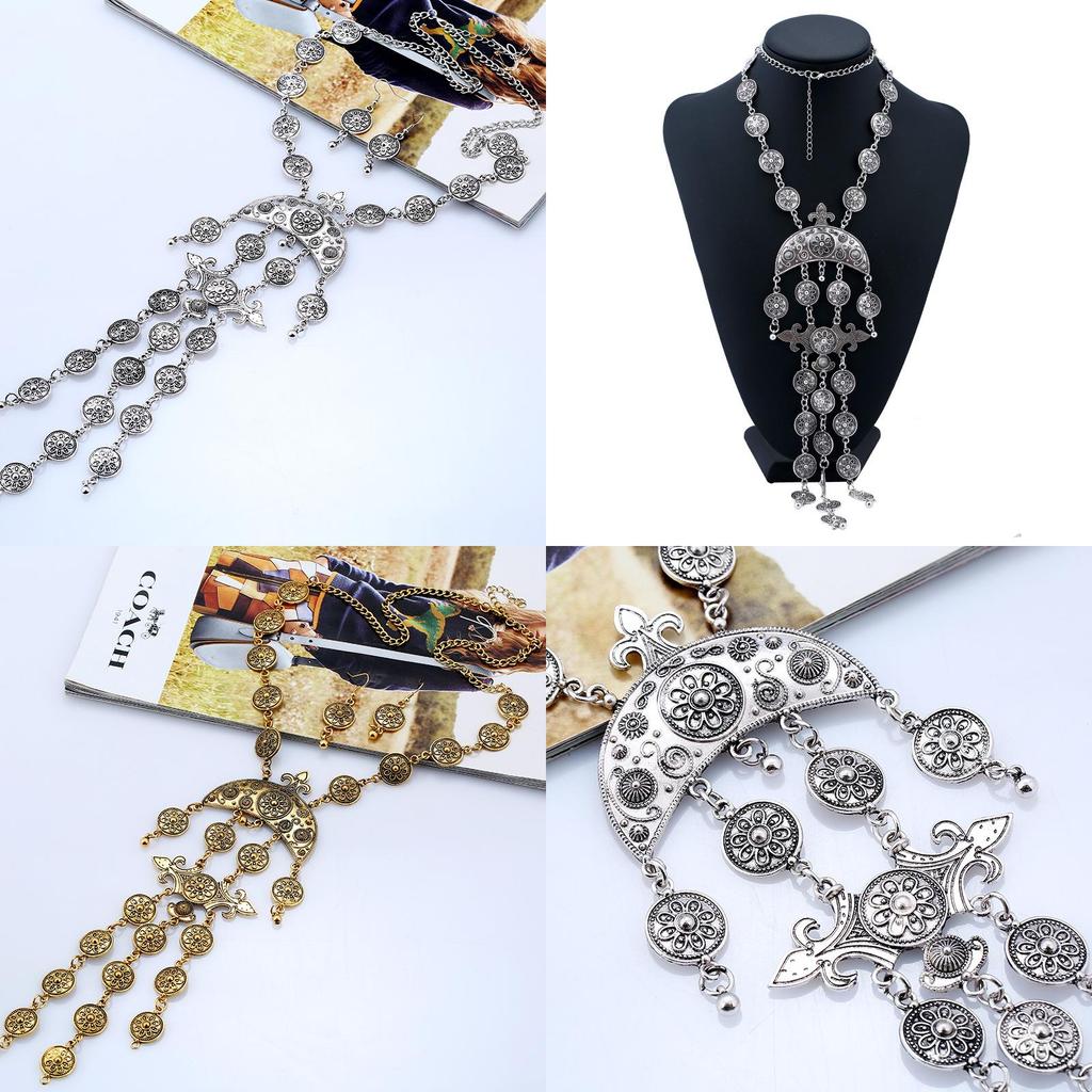 Vintage Coin Tassel Necklace Set With Alloy Gold Silver Finish For Fashion Enthusiasts