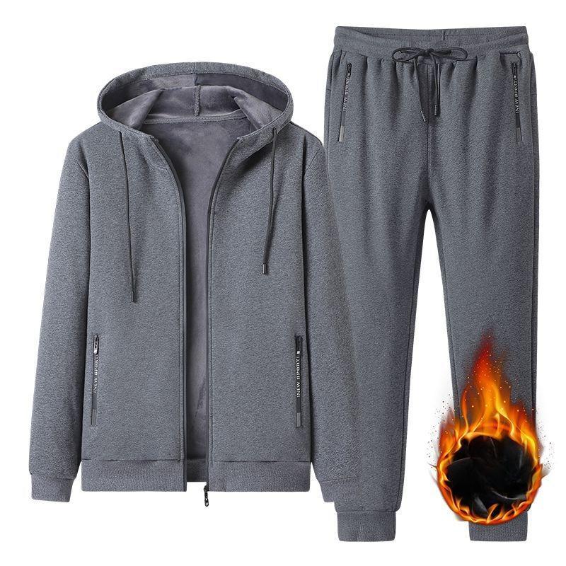 Casual Sports Velvet Hoodie Set with Zippered Pockets