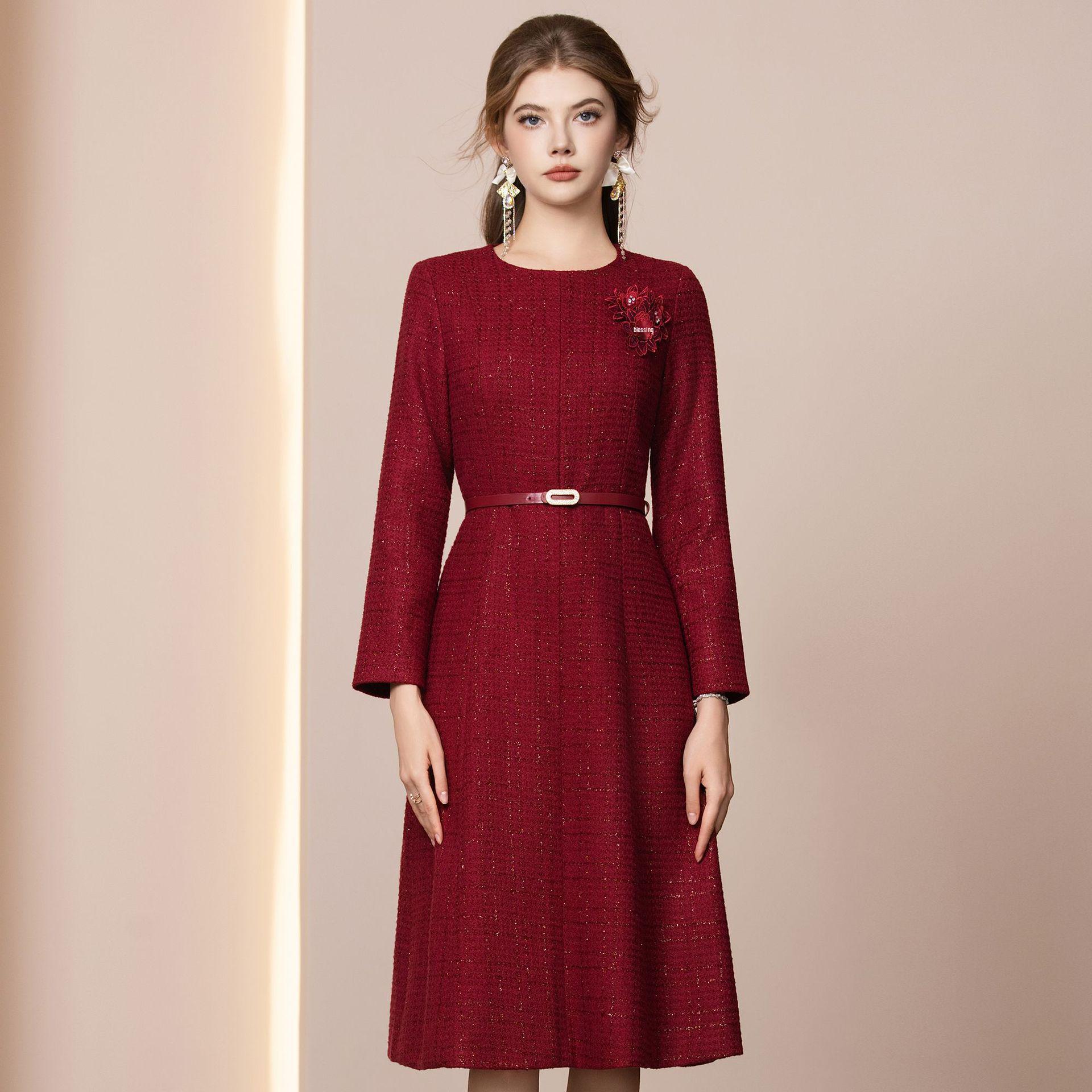 Zhi Li Elegant Red Spring Dress with Coat and Long Sleeve Woolen Skirt, 2026 L