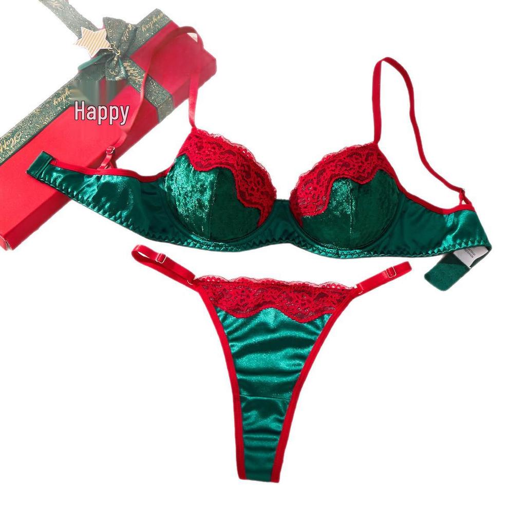 Festliches Spitze Grün & Rot Dessous-Set: BH & String für Damen
