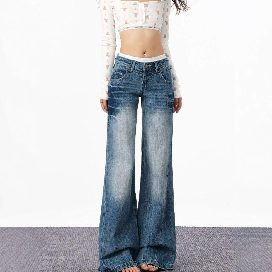 Fashionable Comfortable Vintage Wide Leg Jeans Female Autumn Skinny Low Waist Loose Straight Peplum Trousers Jeans for Women Long Denim Pants