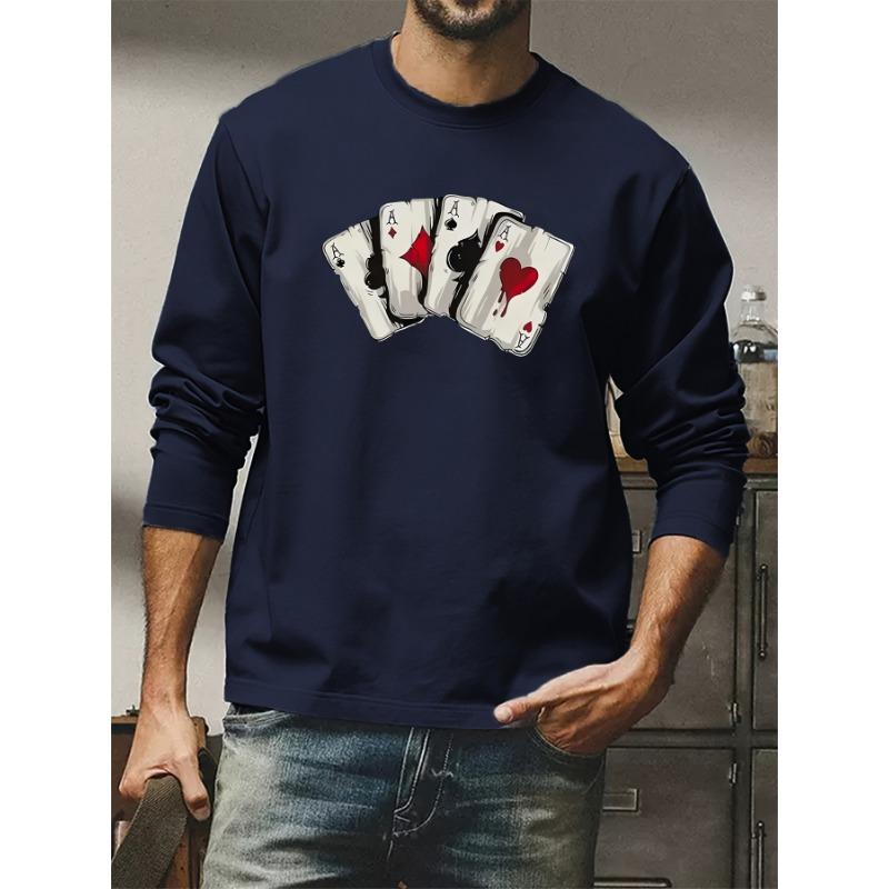 Men's 100% Pure Cotton Loose and Comfortable Casual Sports Poker Card Pattern Printed Round Neck Long Sleeved T-shirt Top