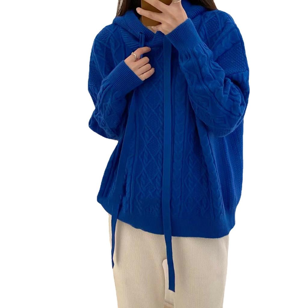 Knitted Hooded Sweaters for Women Classic Solid Knitted Pullover Oversized Fall Winter Casual Knitwear Sweatshirt