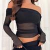 Fashion Ins Summer New Arrival Fashion Elegant Sexy off-the-Shoulder Silm Mesh See-through Long Sleeve Short Top Women