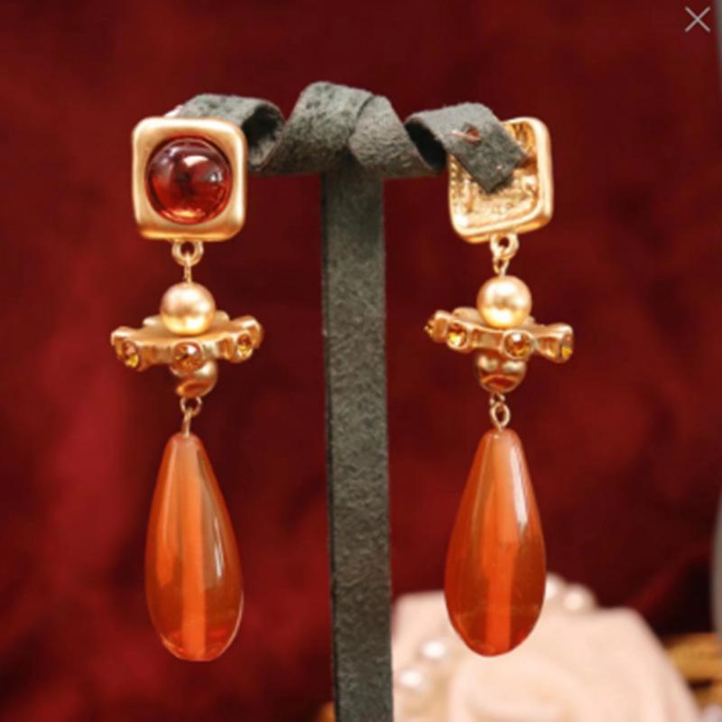 High-End Retro Orange Glass Silver Stud Earrings with Water Drop Pendant