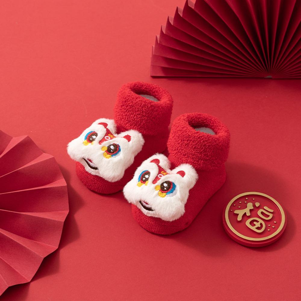 Anti-slip Kids Chinese New Year Socks Fortune Cat Longevity Lock Hosiery Living Room