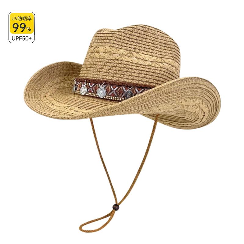 Ethnic Style Western Cowboy Hat Women's Summer Western Sichuan Travel Straw Weaving Big Eaves Sunshade Panama Straw Hat Mountaineering Hat
