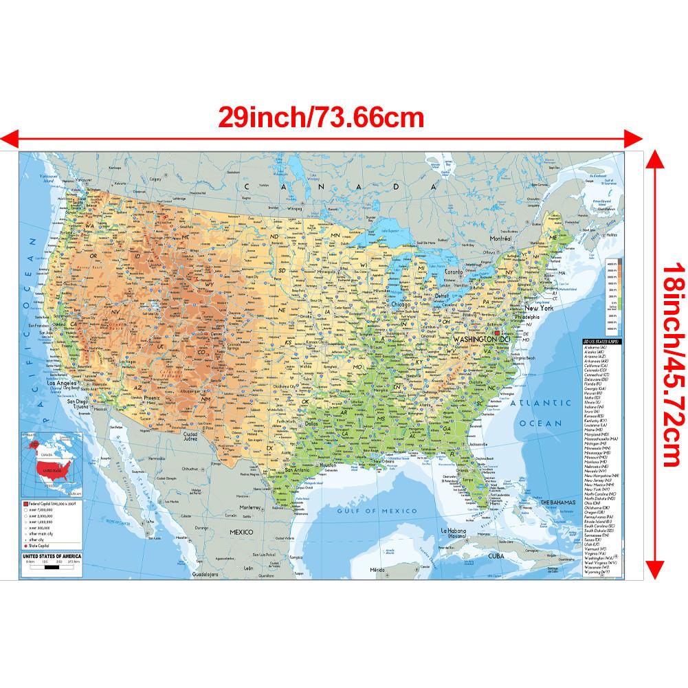 

Карта на английском языке США - географическая карта для классной комнаты, студенческой комнаты и домашнего декора, настенного декора, дорожных принадлежностей 18*29inch/45.72*73.66cm