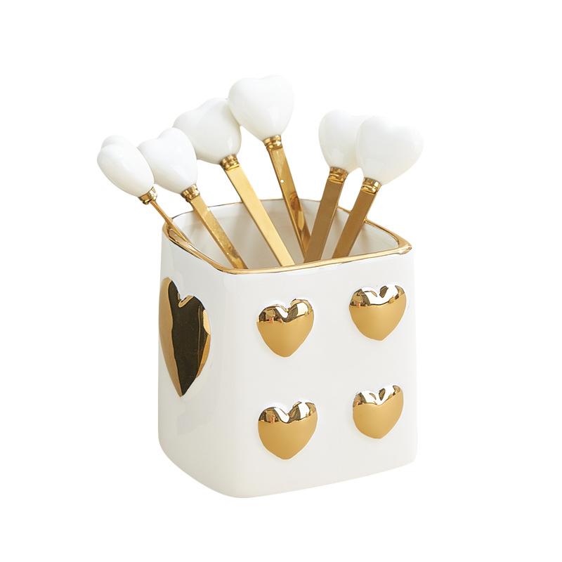 Luxury Gold-plated Ceramic Fork and Spoon Storage Jar Stainless Steel Fruit Fork and Spoon Box Modern Heart Ceramic Storage Jar