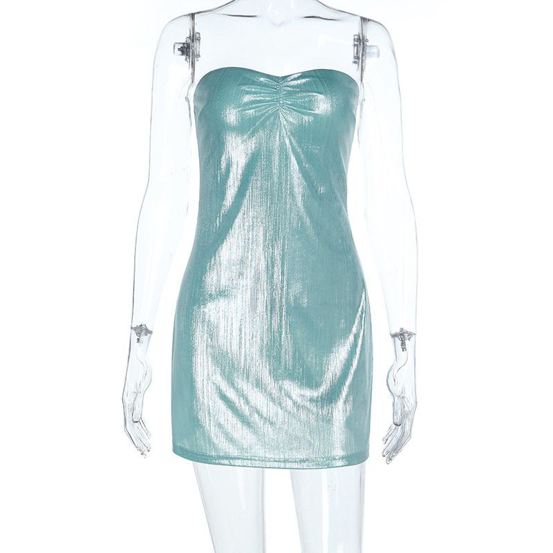 

Yj25520 Sexy Strapless Backless Dress with Fine Glitter, European and American Nightclub Party Style, Slim Fit Bodycon Short Dress for Women Light green XS