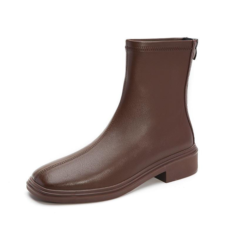 Square Martin Boots Women's Brown Short Boots Fleece Elastic Boots Cowhide Skinny Boots Flat Bottom