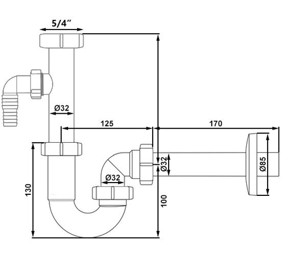 Washbasin Pipe Siphon 5/4" Mm, Drain 32 Mm, With Outlet For Washing Machine/Dishwasher
