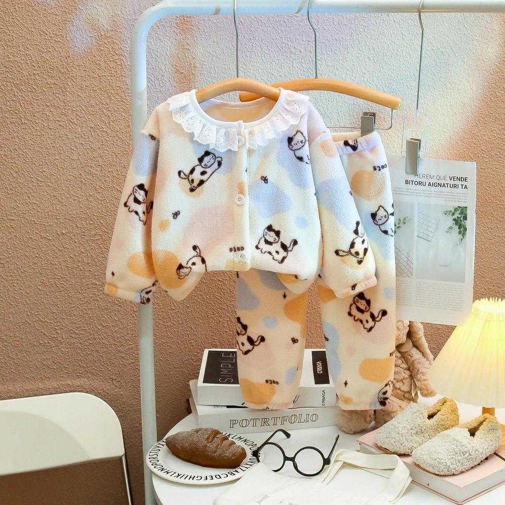 Girls' Velvet Lace Collar Flannel Pajama Set - Autumn/Winter Warmth