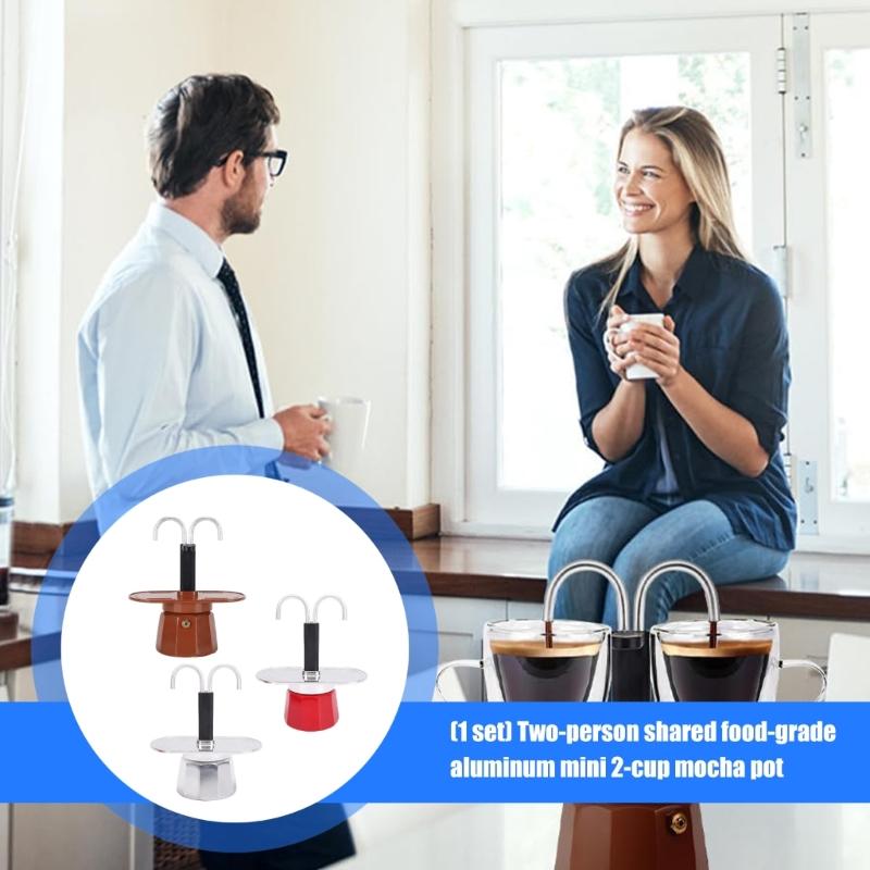Double Tube Aluminum Mocha Pot for Sharing Coffee with a Friend Food Grade 2 Cup Stovetop Espresso Maker Coffee Kettle