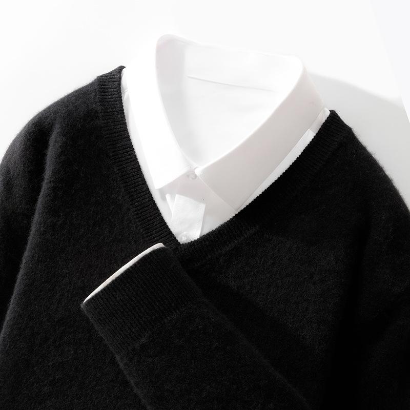 New V-neck Cardigan for Men's Solid Color Pullover Sweater Basic Large Size Loose Casual Knitted Base Shirt