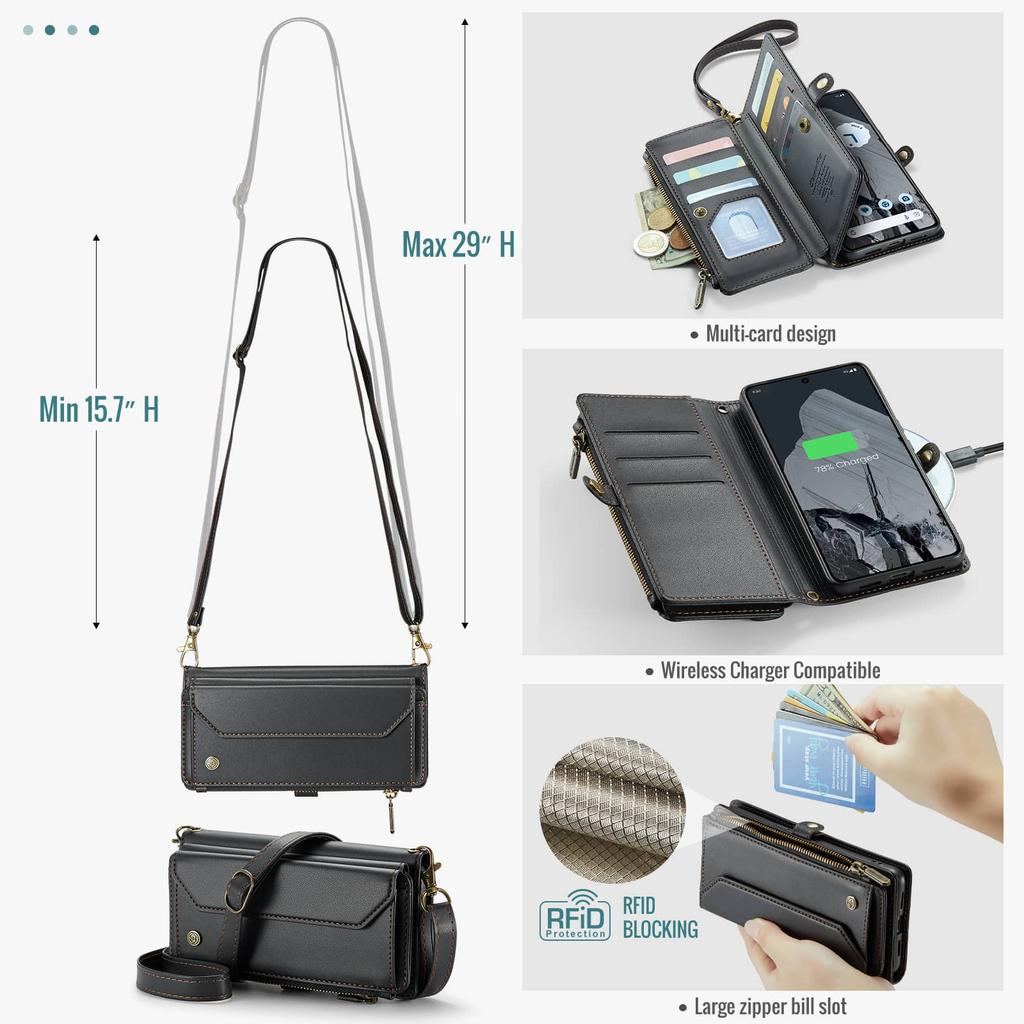 For Google Pixel 9 Pro XL 8Pro 7A Case with Pen Holder Slot, RFID Blocking Wallet Case with Card Holder Zipper Strap PU Leather