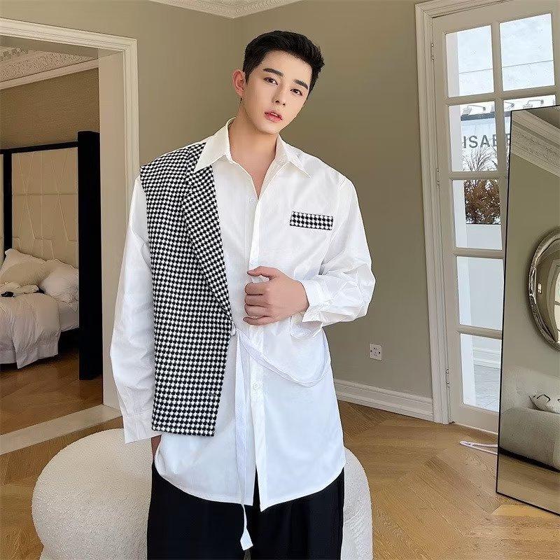 Korean Style Color Block Suit Collar Two-Piece Design Shirt for Men - Niche Hairstylist Top