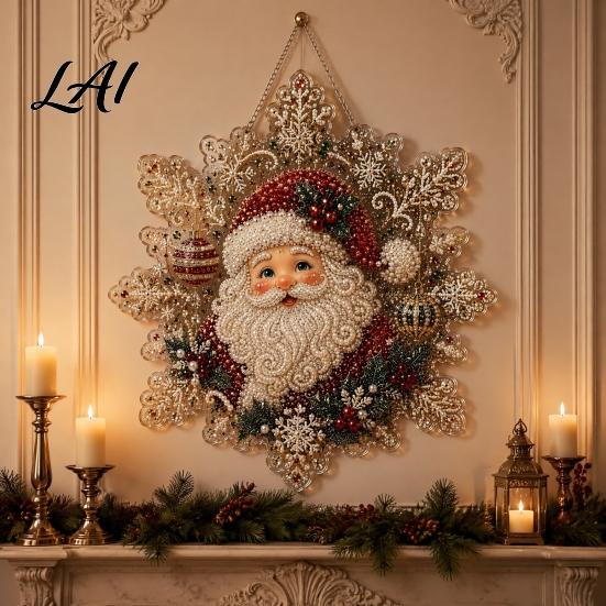 Festive Wall Hanging Ornament Christmas Faux Pearl Painting Suncatcher Kit Acrylic Snowflake Shaped Board with Lace Crystal Beading Craft Set