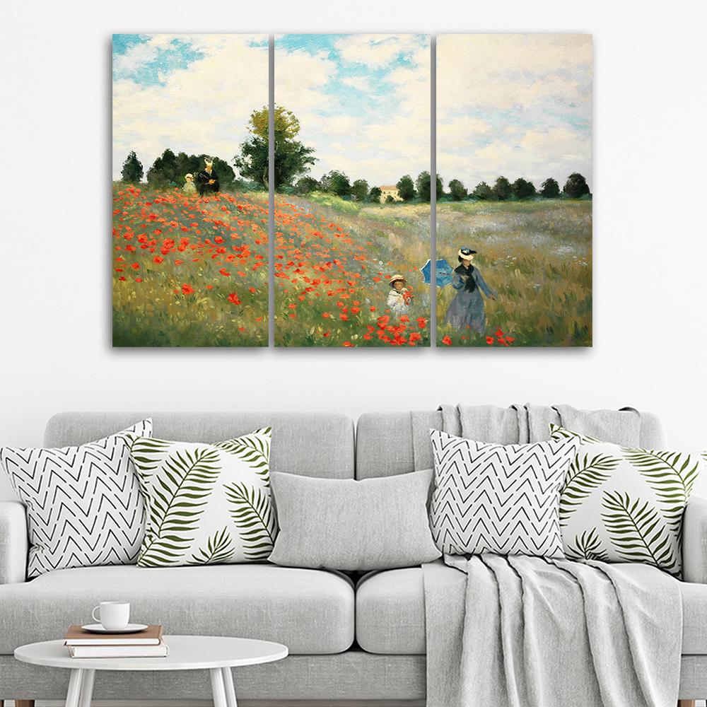 Three Piece Picture Canvas Print Field of Poppies Claude Monet