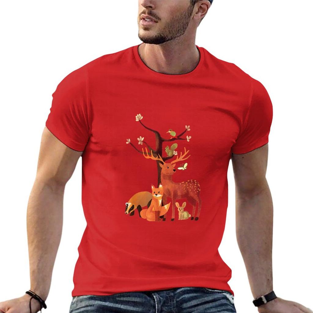 Woodland Animals Deer Fox Rabbit Squirrel Watercolor Vintage TShirt Oversized T Shirt Mens Clothing