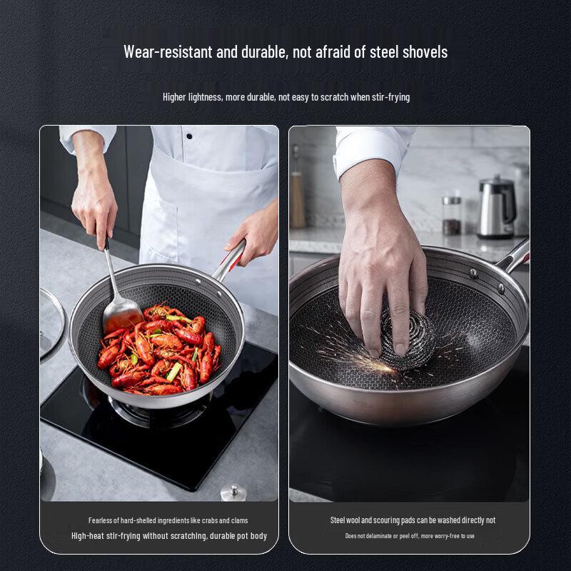 Kobach 32cm 316L Stainless Steel Non-stick Honeycomb Wok