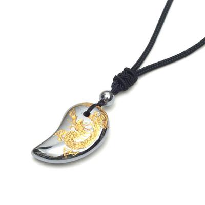 Terahertz Crystal Necklace with Dragon God Gold Power 33mm Magatama, Engraved, Stone, Amulet,