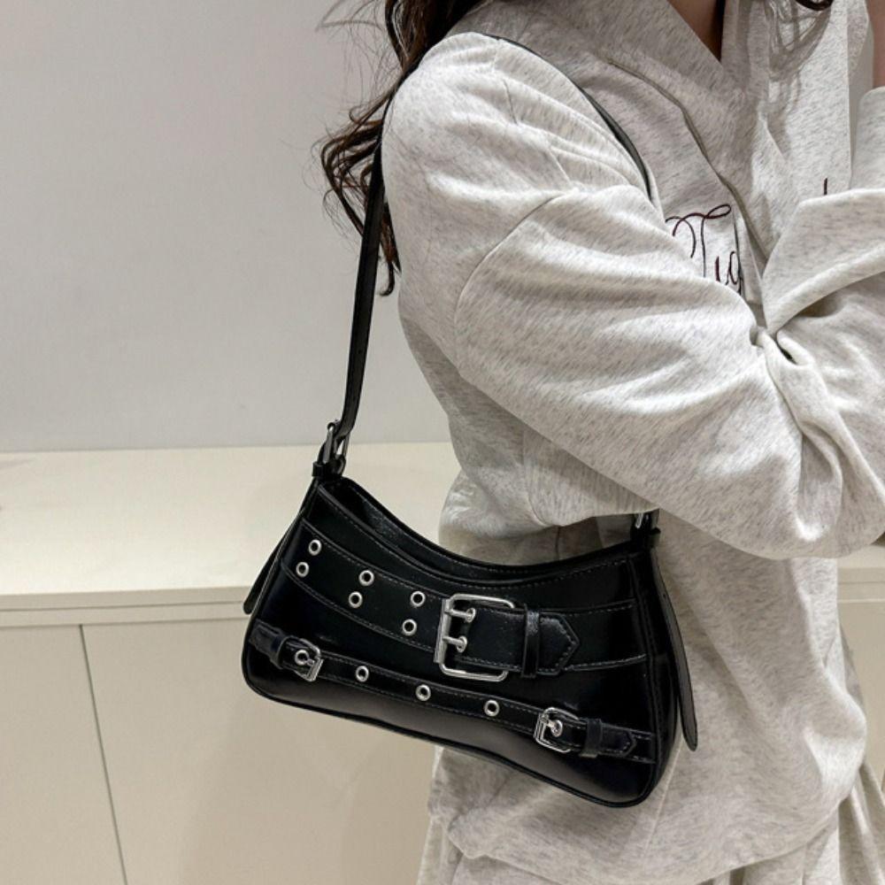 Pu Leather Belt Buckle Shoulder Bag Elegant Spicy Girls Handbag Trendy Y2k Underarm Bag  Club