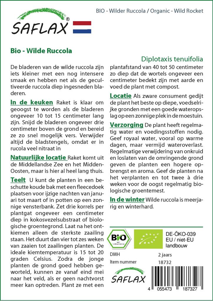 SAFLAX Garden In the Bag - Organic - Wild Rocket - 1500 Seeds - With Substrate In a Fitting Stand Up Bag - Diplotaxis Tenuifolia