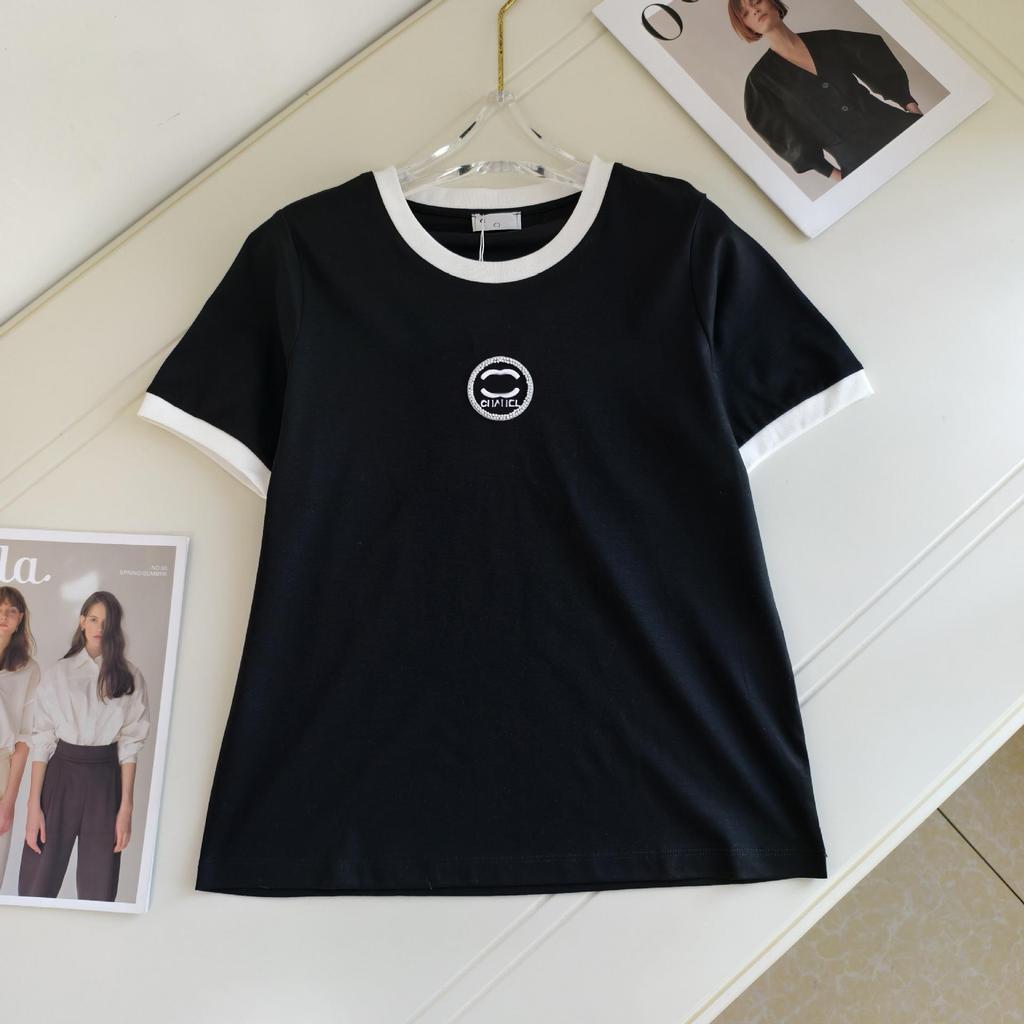 New Season Embroidered Letter Color Block Round Neck T-Shirt