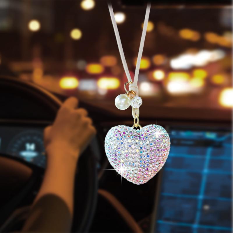 Diamond-studded love car interior pendant, fashion car rearview mirror, peach heart pendant, car interior goods pendant белый