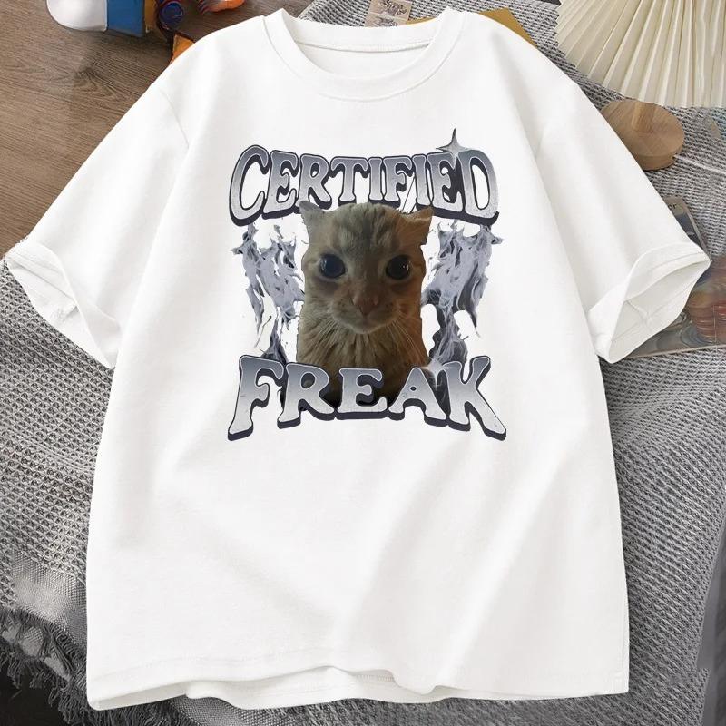 Certified Freak Funny Cat Emoji Tshirt Womens Retro Cat Graphic Tshirt Funny Pet Humor 90s Y2K Clothing Tshirt Fashion Y2K S
