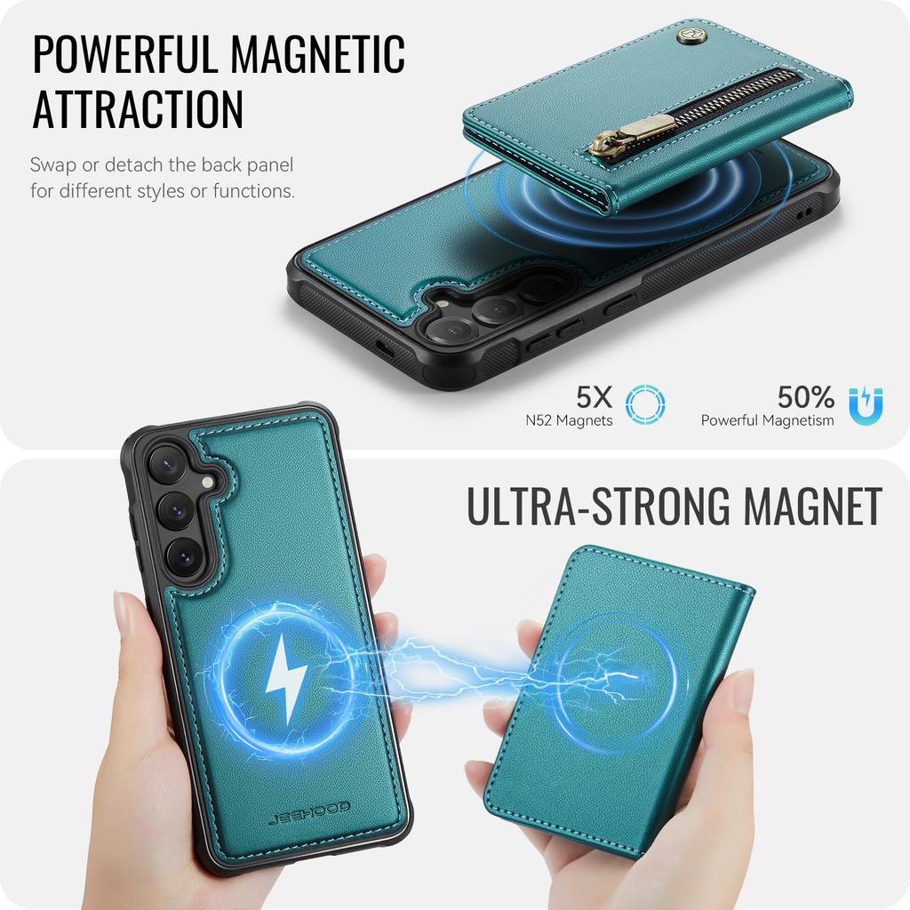 For Samsung Galaxy S24 Case JEEHOOD J12 Magnetic Detachable Zipper Wallet Kickstand Leather Back Cover Magnetic Case