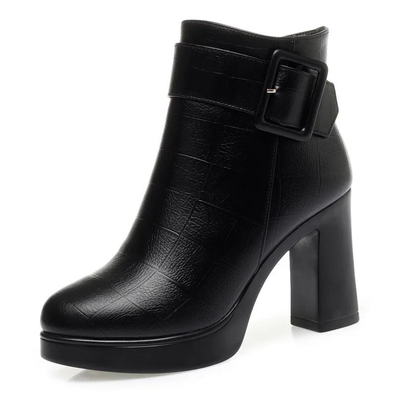 Winter Black Platform Thick High Heel Ankle Boots Women 2024Keep Warm Elegant Short Boots Buckle Decoration Leather Boot
