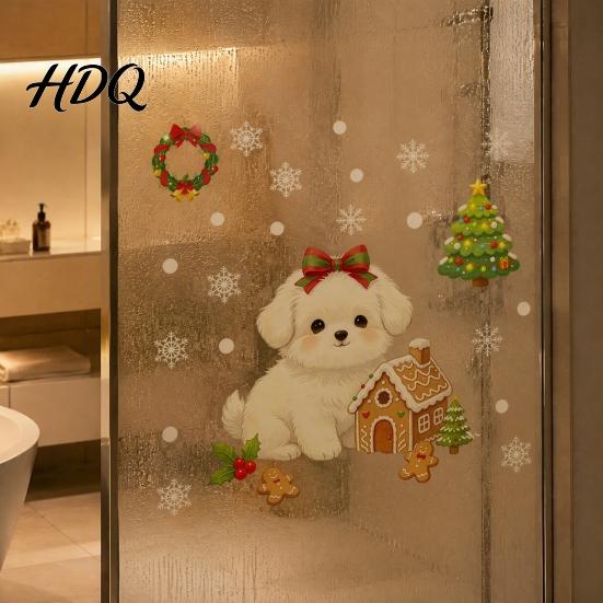 Holiday Party Home Decor Cute Dog Christmas Static Window Stickers Waterproof PVC Decals for Clings Store Glass Removable Festive Puppy Wall Indoor