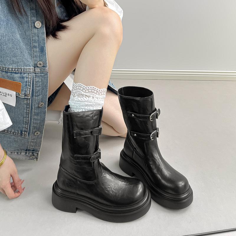 In stock, ultra-light retro boots for women, 2025 autumn and winter new belt buckle, thick-soled heightening knight boots, short boots for women
