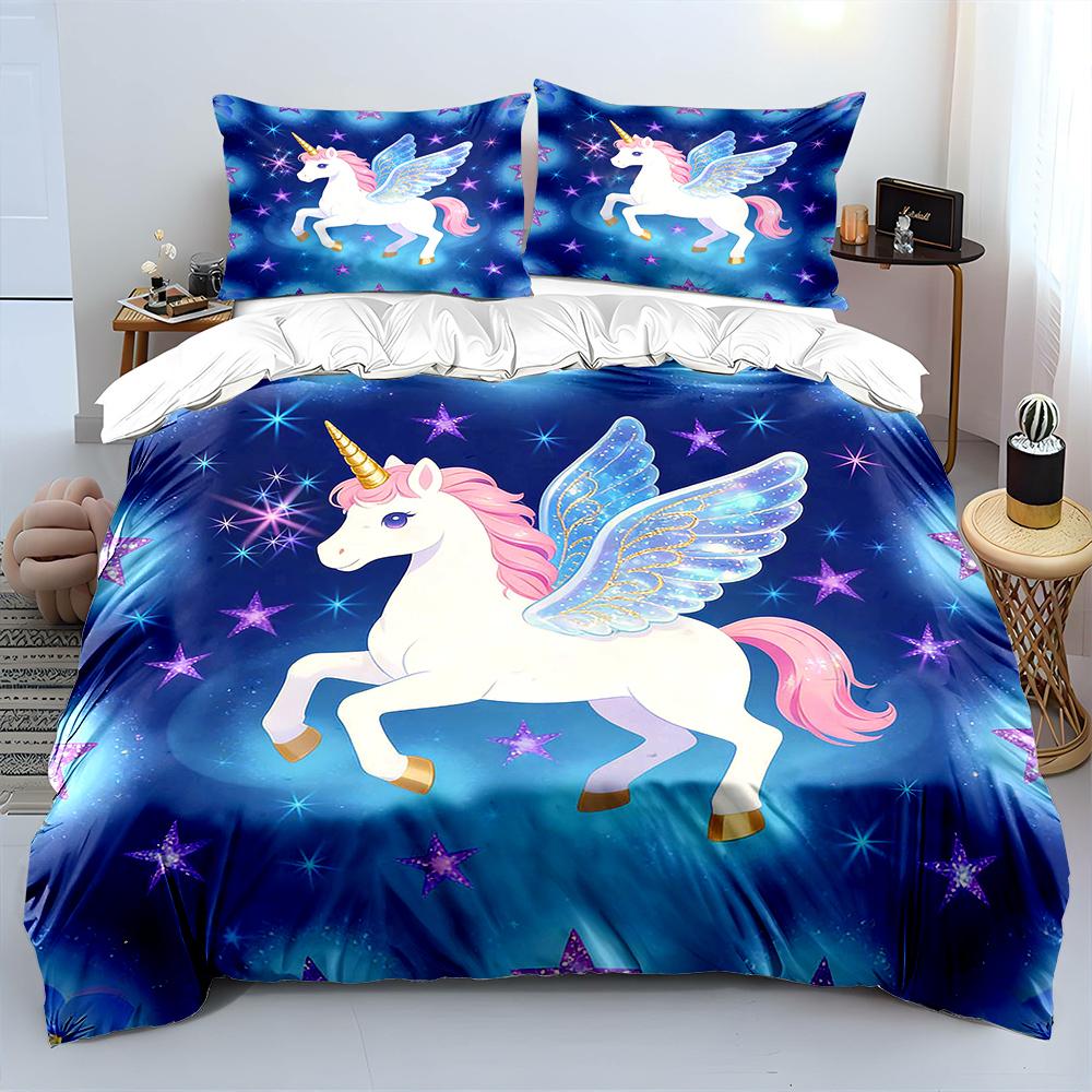 Fantasy Unicorn Flying In Starry Sky Print Bedding Set 1 Duvet Cover 2 Pillowcases for Adult and Children Luxury Gift Full Size