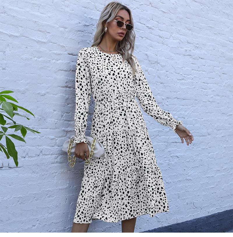 

Лето-осеннее легкое длинное платье с леопардовым принтом для взрослых, женское повседневное платье с круглым вырезом и длинным рукавом, с высокой талией, тонкий бретель... S белый