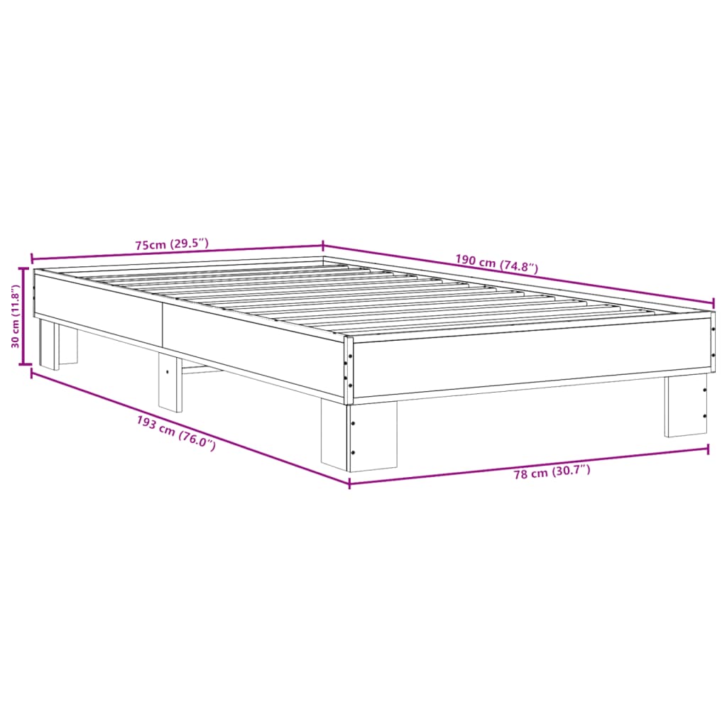 Bed Frame in Sonoma Oak Finish 75 x 190 cm Made of Engineered Wood and Metal