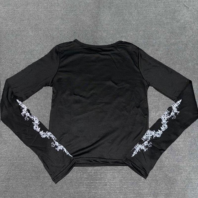 European and American Women's Abstract Printed Slim Fitting Long Sleeved Top T-shirt