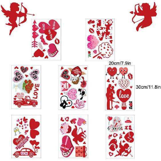 8 Sheets Valentine's Day Heart Window Clings Decorations Removable Vinyl Window Sticker Decals for Home, Office Valentines Party, Wedding,