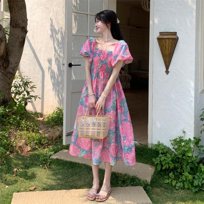 

Large size women s clothing slim dress women s summer bubble sleeves pear shape slightly fat body wear long dress fat mm skirt M