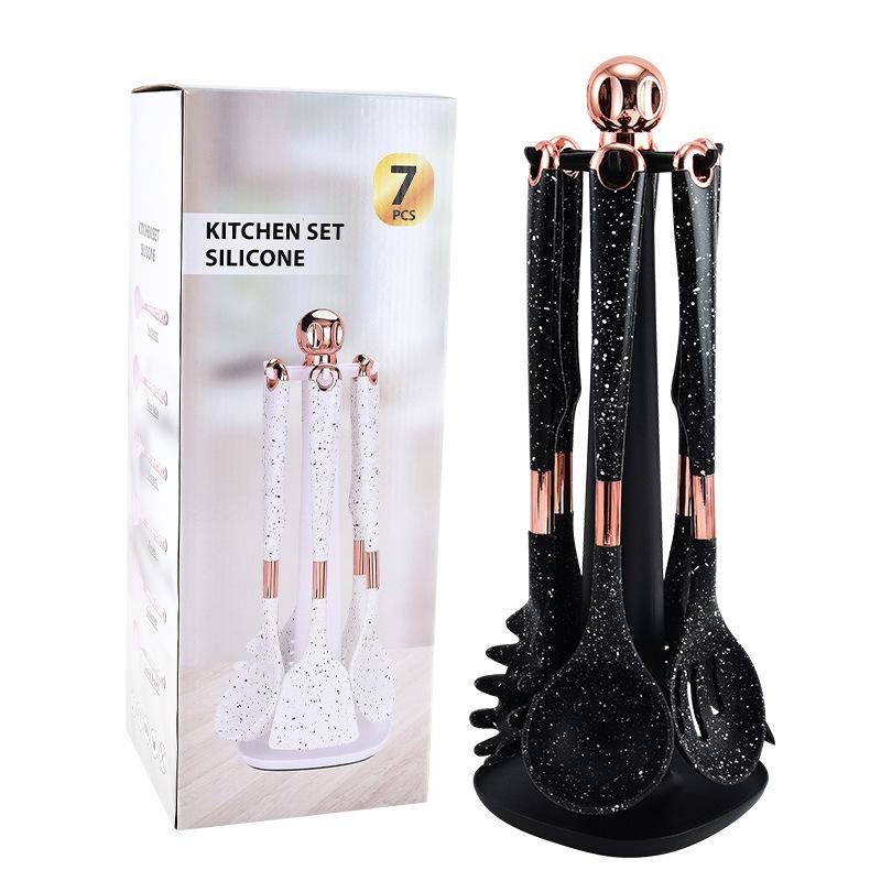 סט כלי מטבח סיליקון לבישול 7 חלקים עם מחבת נון-סטיק, מרית, כף, מושב מסתובב ומדף אחסון