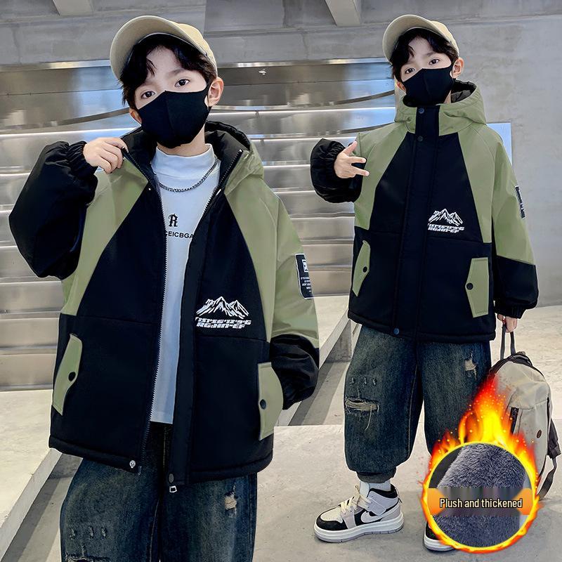 Boys' 2025 Winter Hooded Cotton Parka: New Style Fleece-Lined Coat for Autumn and Winter