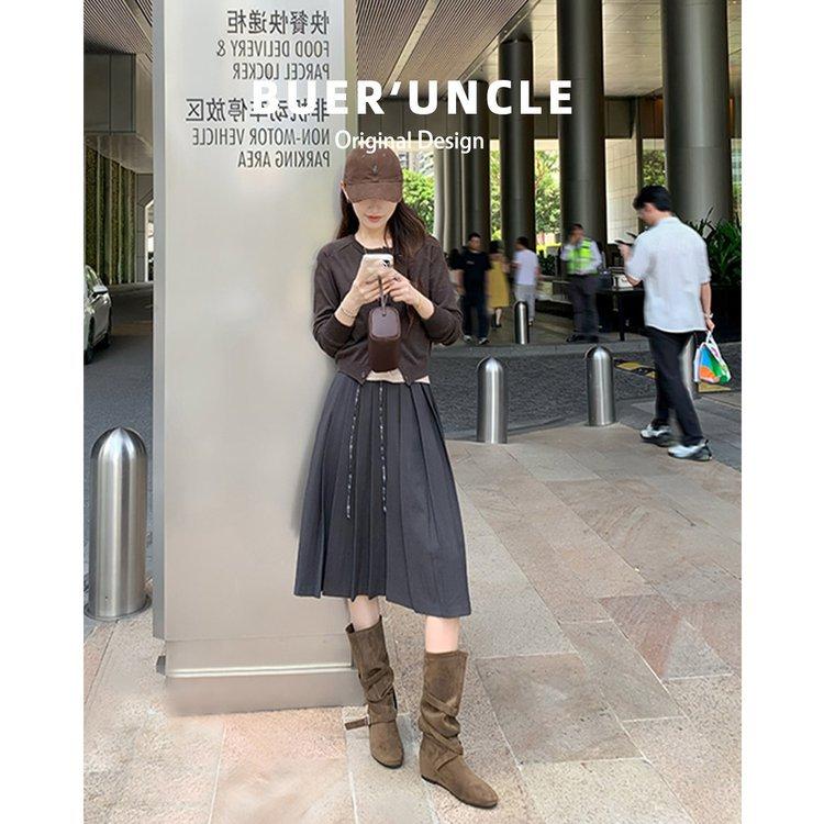 

Sheepskin version~ Height increase 6cm~ Boots Women s 2025 new medium boots Maillard soft pleated tall boots 40