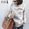 Moda feminina casual cor sólida estampa outono inverno manga comprida gola alta suéteres soltos