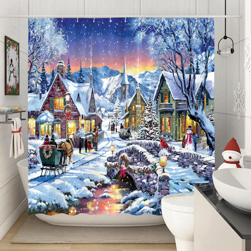 Winter Christmas Shower Curtain Xmas Reindeer Nature Forest Snowy Scenery Farmhouse Bath Curtain Polyester Fabric Bathroom Decor