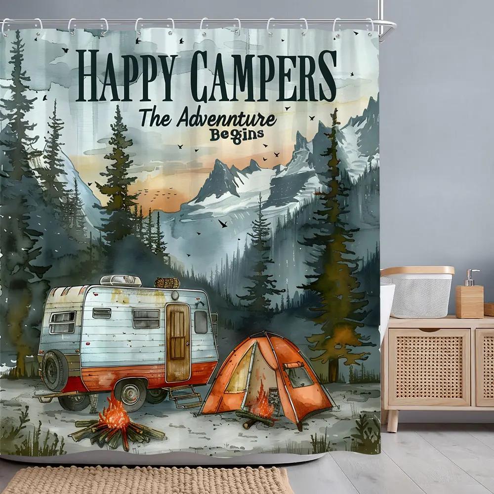 Camping Caravan Forest Shower Curtain Pleasant Camper Tent Campfire Polyester Printed Shower Curtains Bathroom Decor with Hooks